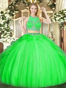 Eye-catching Sleeveless Floor Length Beading and Ruffles Zipper Sweet 16 Dresses with Green