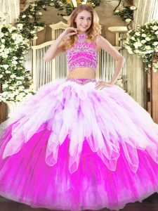 Tulle Sleeveless Floor Length Sweet 16 Dresses and Beading and Ruffles