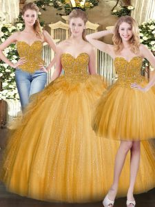 New Style Gold Sleeveless Floor Length Beading and Ruffles Lace Up Vestidos de Quinceanera