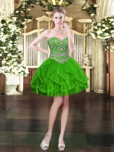 Mini Length Green Prom Gown Tulle Sleeveless Beading and Ruffles