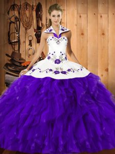 Purple Sweet 16 Dresses Military Ball and Sweet 16 and Quinceanera with Embroidery and Ruffles Halter Top Sleeveless Lace Up