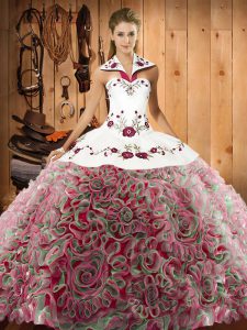 Halter Top Sleeveless Quinceanera Dress Sweep Train Embroidery Multi-color Fabric With Rolling Flowers