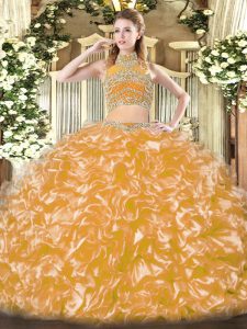 Exquisite Gold Sweet 16 Quinceanera Dress Military Ball and Sweet 16 and Quinceanera with Beading and Ruffles High-neck Sleeveless Backless