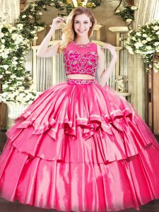 Stylish Hot Pink Sleeveless Tulle Zipper Quinceanera Gown for Military Ball and Sweet 16 and Quinceanera