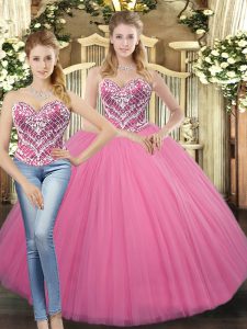 Fantastic Rose Pink Tulle Lace Up 15th Birthday Dress Sleeveless Floor Length Beading
