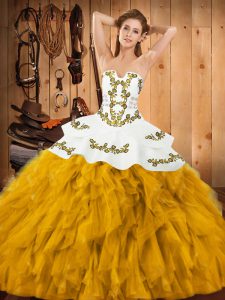 Strapless Sleeveless Lace Up Quinceanera Dress Gold Satin and Organza