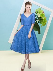 Sexy Lace V-neck Half Sleeves Lace Up Bowknot Dama Dress in Blue