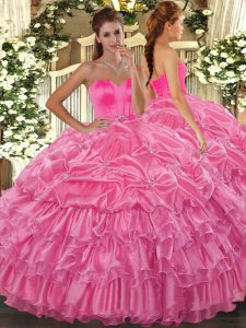 Best Selling Rose Pink Sweetheart Lace Up Beading and Ruffled Layers Quinceanera Dress Sleeveless