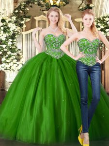Dark Green Ball Gowns Tulle Sweetheart Sleeveless Beading Floor Length Lace Up 15th Birthday Dress