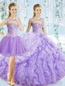 Lavender Vestidos de Quinceanera Organza Brush Train Sleeveless Beading and Ruching and Pick Ups