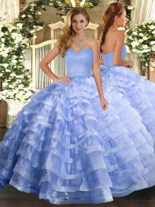 Light Blue Organza Lace Up Sweetheart Sleeveless Floor Length Quinceanera Gowns Ruffled Layers