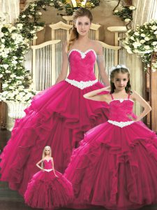 Romantic Red Ball Gowns Ruffles Quince Ball Gowns Lace Up Organza Sleeveless Floor Length