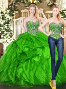 Graceful Green Lace Up Sweetheart Beading and Ruffles Quinceanera Dress Tulle Sleeveless