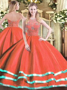 Red Zipper Sweet 16 Dress Beading Sleeveless Floor Length