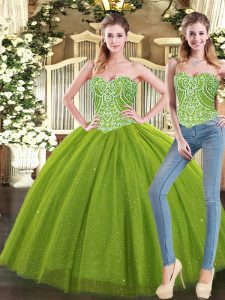 Spectacular Tulle Sweetheart Sleeveless Lace Up Beading Quinceanera Gowns in Olive Green