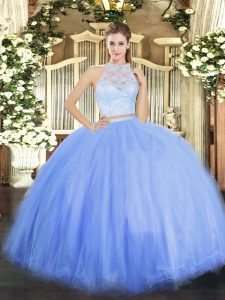 Glorious Blue Sleeveless Lace Floor Length Quinceanera Gown