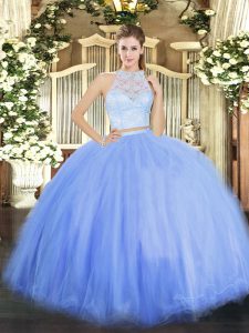 Glorious Blue Sleeveless Lace Floor Length Quinceanera Gown