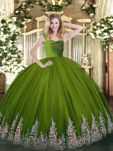 Sleeveless Floor Length Lace and Appliques Zipper 15 Quinceanera Dress with Olive Green