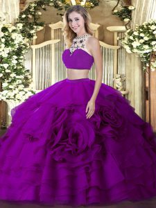 New Arrival Fuchsia 15th Birthday Dress Military Ball and Sweet 16 and Quinceanera with Beading and Ruffled Layers High-neck Sleeveless Backless