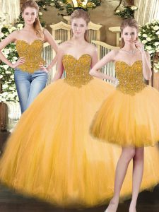Fashion Sleeveless Floor Length Beading Lace Up Vestidos de Quinceanera with Gold