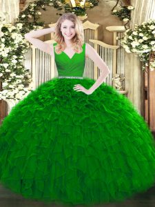 Extravagant Ball Gowns Sweet 16 Dresses Green V-neck Tulle Sleeveless Floor Length Zipper