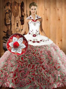 Comfortable Multi-color Fabric With Rolling Flowers Lace Up Sweet 16 Dress Sleeveless Sweep Train Embroidery