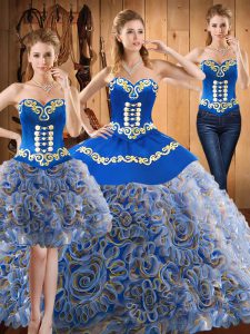 Ideal Satin and Fabric With Rolling Flowers Sweetheart Sleeveless Sweep Train Lace Up Embroidery Vestidos de Quinceanera in Multi-color