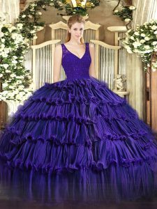 Custom Designed Ball Gowns Quince Ball Gowns Purple V-neck Organza Sleeveless Floor Length Backless