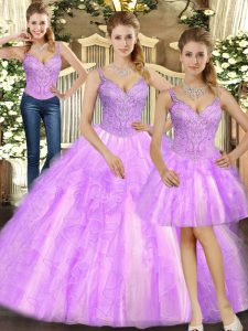 Lilac Sleeveless Organza Lace Up 15 Quinceanera Dress for Military Ball and Sweet 16 and Quinceanera