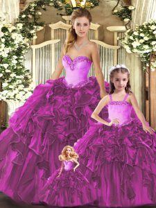 Vintage Ball Gowns Quinceanera Dress Fuchsia Sweetheart Organza Sleeveless Floor Length Lace Up