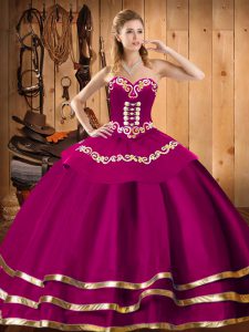 Fuchsia Lace Up Sweetheart Embroidery Quinceanera Gown Organza Sleeveless