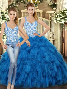 Fantastic Floor Length Blue Quince Ball Gowns Organza Sleeveless Beading and Ruffles