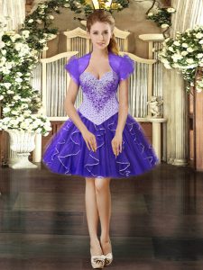 Pretty Purple Sleeveless Mini Length Beading and Ruffles Lace Up Homecoming Dress