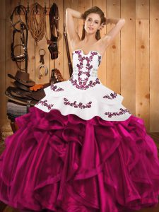 Sleeveless Satin and Organza Floor Length Lace Up Quinceanera Gowns in Fuchsia with Embroidery and Ruffles