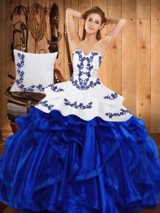 Strapless Sleeveless 15th Birthday Dress Floor Length Embroidery and Ruffles Blue Satin and Organza