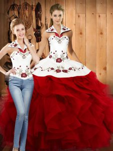 Admirable Wine Red Two Pieces Satin and Organza Halter Top Sleeveless Embroidery and Ruffles Floor Length Lace Up Sweet 16 Quinceanera Dress