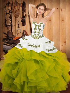 Latest Olive Green Ball Gowns Embroidery and Ruffles 15 Quinceanera Dress Lace Up Satin and Organza Sleeveless Floor Length