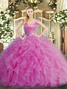 Excellent Lilac Organza Zipper Quince Ball Gowns Sleeveless Floor Length Ruffles