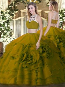 Romantic Floor Length Backless Sweet 16 Dresses Olive Green for Military Ball and Sweet 16 and Quinceanera with Beading and Ruffled Layers