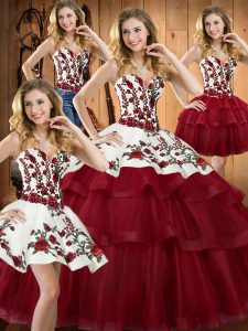 Eye-catching Sweetheart Sleeveless Sweep Train Lace Up Quinceanera Gown Wine Red Organza