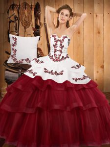 Sleeveless Tulle Sweep Train Lace Up Quinceanera Dresses in Burgundy with Embroidery and Ruffled Layers