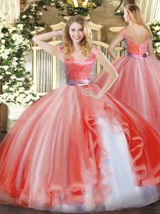 Floor Length Watermelon Red Quinceanera Gowns Organza Sleeveless Ruffles