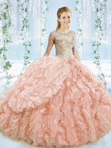 Traditional Peach Sleeveless Brush Train Beading and Ruffles Sweet 16 Dresses