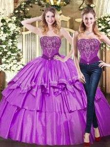 Pretty Floor Length Eggplant Purple Quinceanera Dresses Tulle Sleeveless Beading and Ruffled Layers