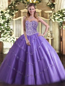 Best Lavender 15th Birthday Dress Military Ball and Sweet 16 and Quinceanera with Beading Sweetheart Sleeveless Lace Up