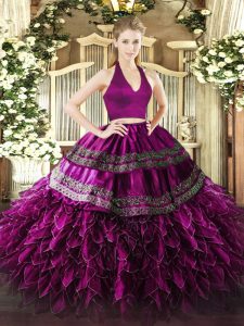 Flare Floor Length Fuchsia Quinceanera Dress Organza Sleeveless Appliques and Ruffles
