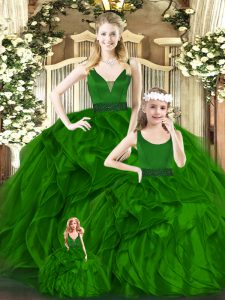 Luxury Floor Length Green Sweet 16 Dresses Organza Sleeveless Beading and Ruffles