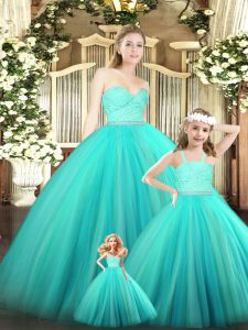 Turquoise Ball Gowns Tulle Sweetheart Sleeveless Beading and Lace Floor Length Zipper 15th Birthday Dress