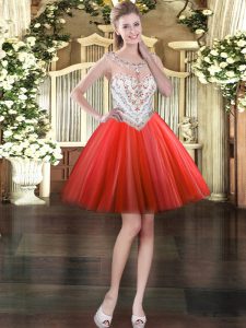 Suitable Red Zipper Prom Evening Gown Beading Sleeveless Mini Length