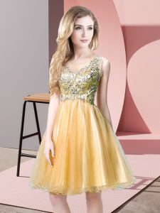 Gold Scoop Zipper Beading Prom Gown Sleeveless